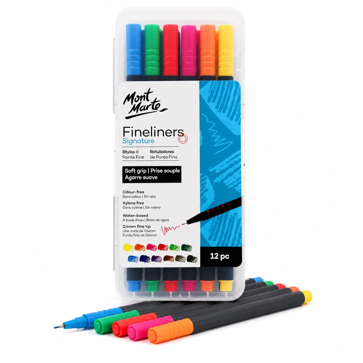 Several Mont Marte fineliners lying in front of the closed case