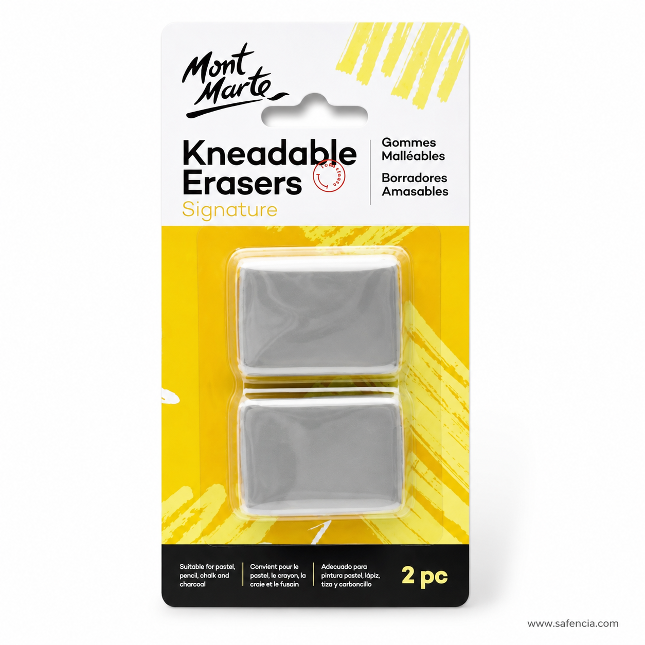 Front of the Mont Marte Kneadable Erasers Pack of 2 card photographed straight on, showing both sealed grey erasers and the printed panel listing pastel, pencil, chalk and charcoal