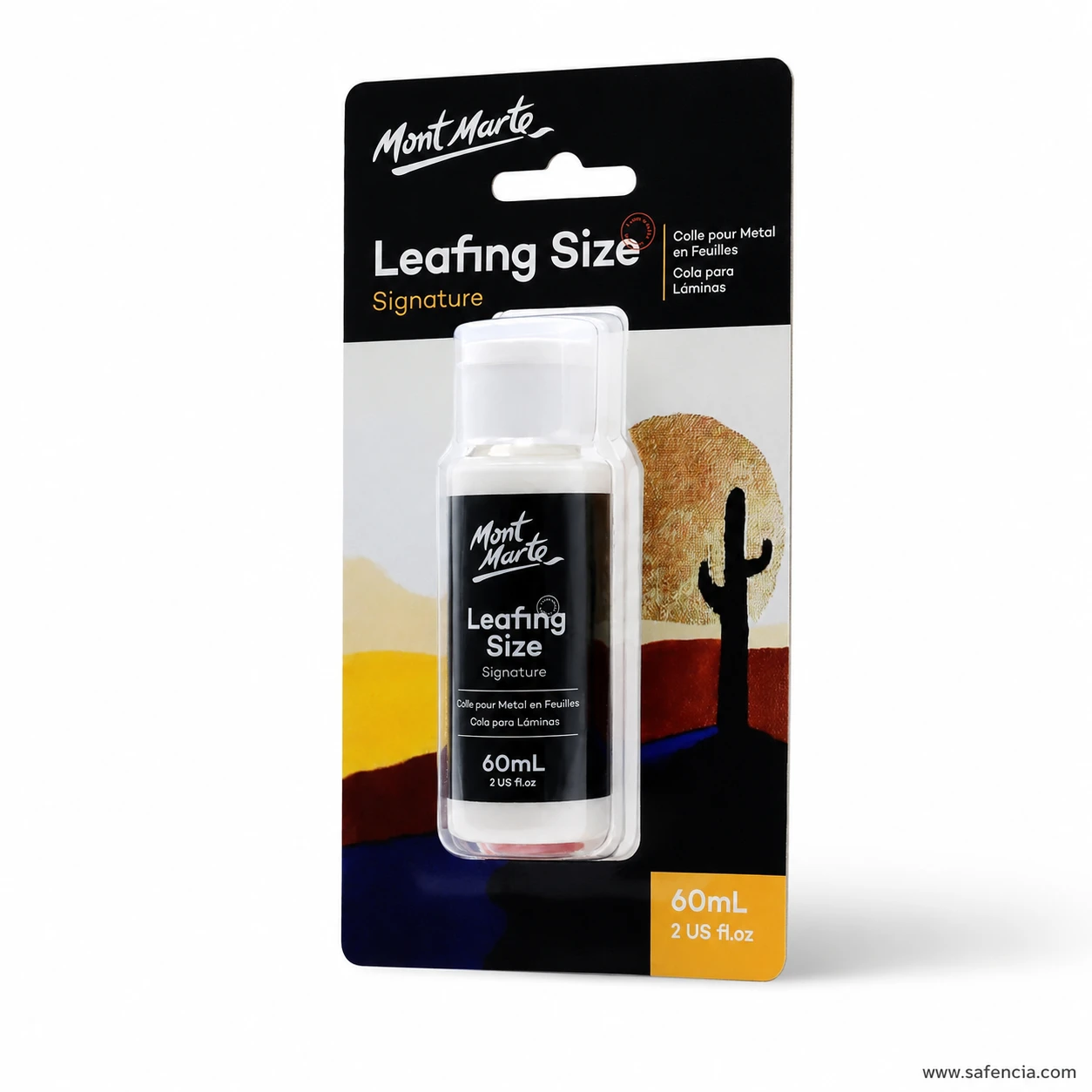 Close view of the leafing size bottle showing the milky white liquid inside