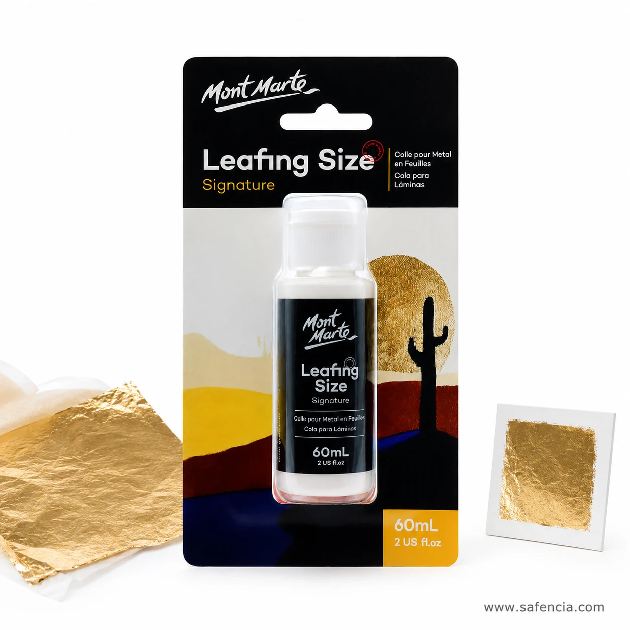 Angled view of the leafing size card showing the French and Spanish product names