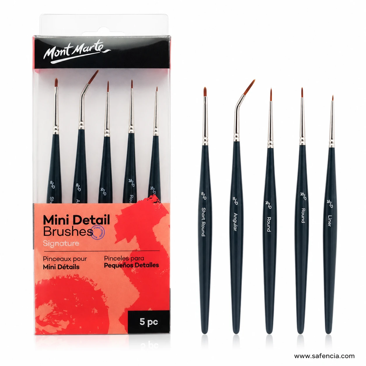 Mont Marte Mini Detail Brushes showing short round, angular, round and liner shapes with sizes 8/0 and 16/0