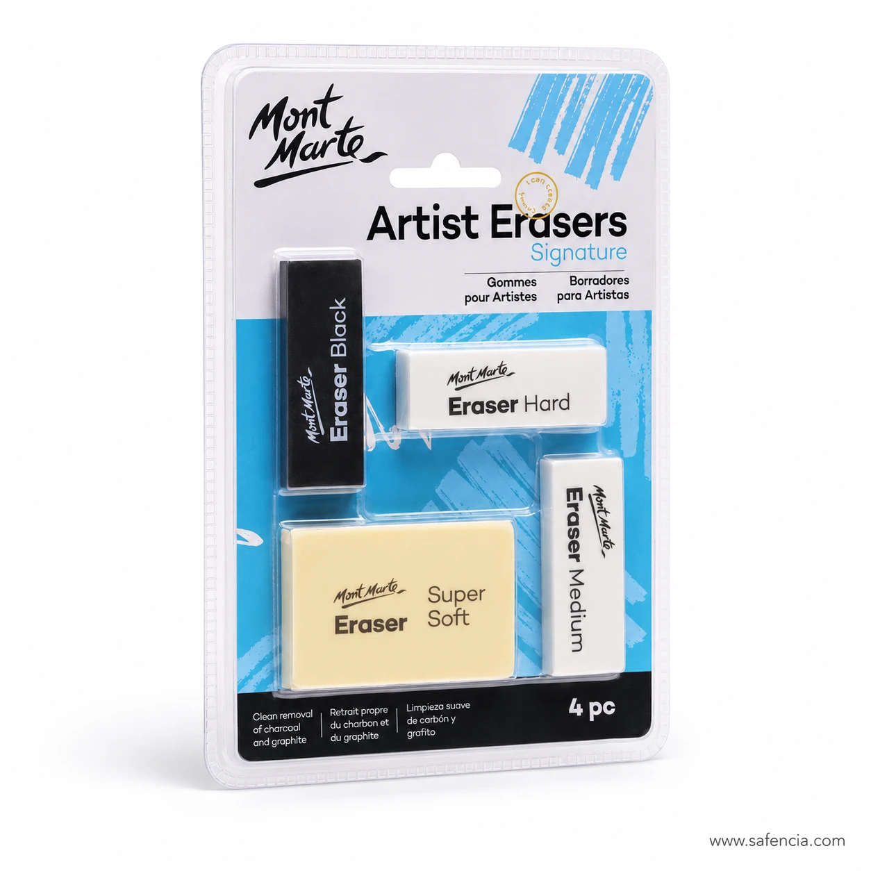 Mont Marte Artist Erasers 4 pc pack turned slightly to show the depth of the blister and the four erasers held in their moulded compartments