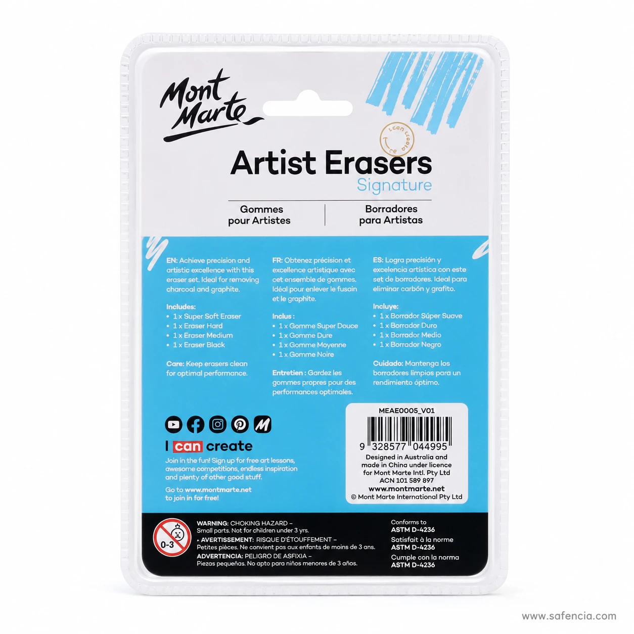 Back of the Mont Marte Artist Erasers pack listing the four erasers by name, the care note, the ASTM D-4236 line, the choking-hazard warning and the barcode with product code MEAE0005