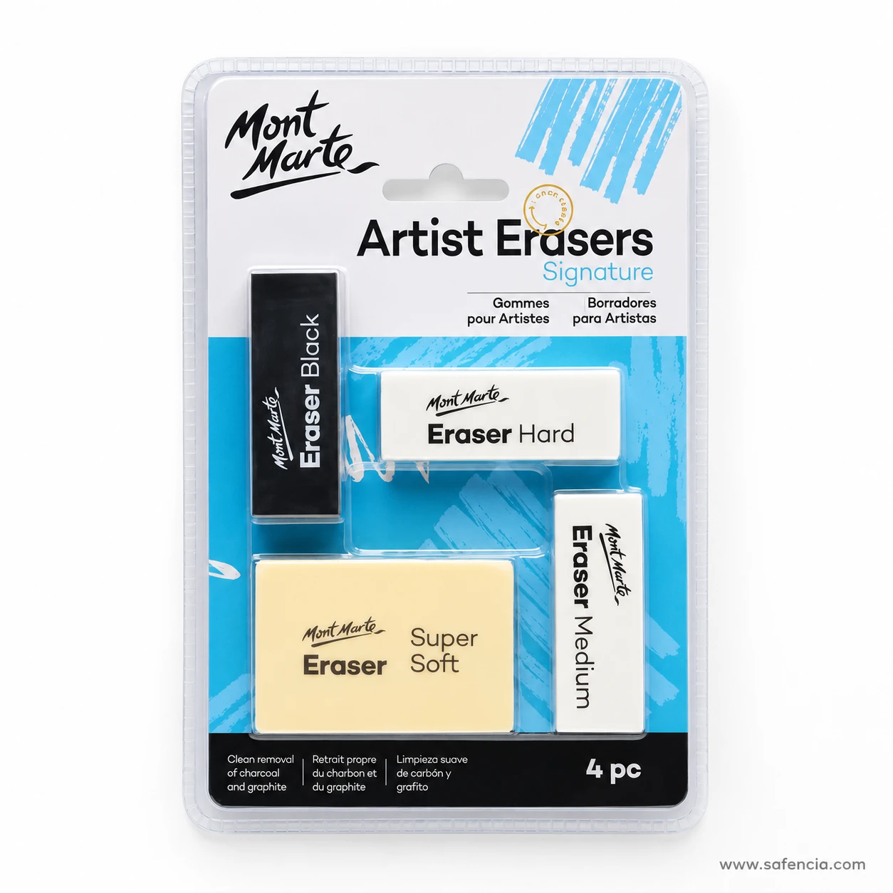 Close front view of the Mont Marte Artist Erasers 4 pc pack with the individual grade label on each eraser clearly readable