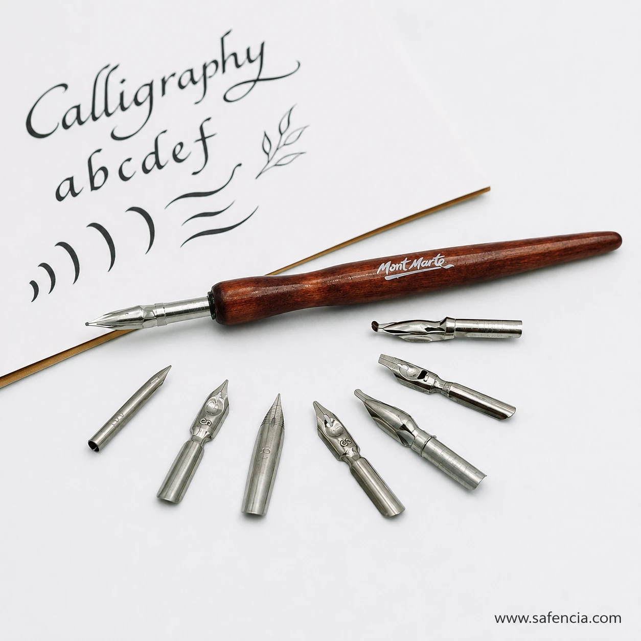 Assorted stainless steel calligraphy dip pen nibs included in Mont Marte 10 piece set