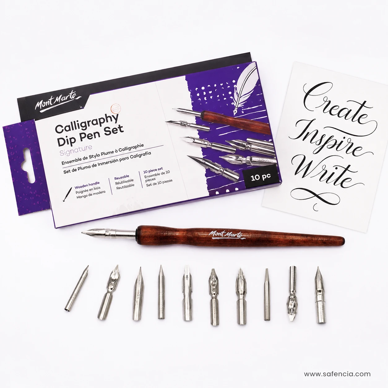 Close view of the nine Mont Marte steel nibs showing fine points, reservoir holes and broader shoulders
