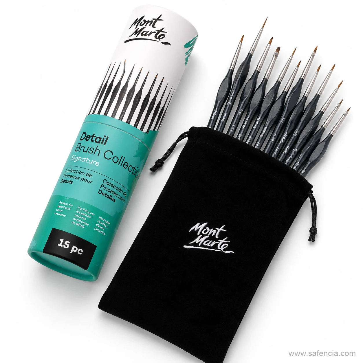 Mont Marte Signature Detail Brush Collection fifteen brushes fanned out from the pouch