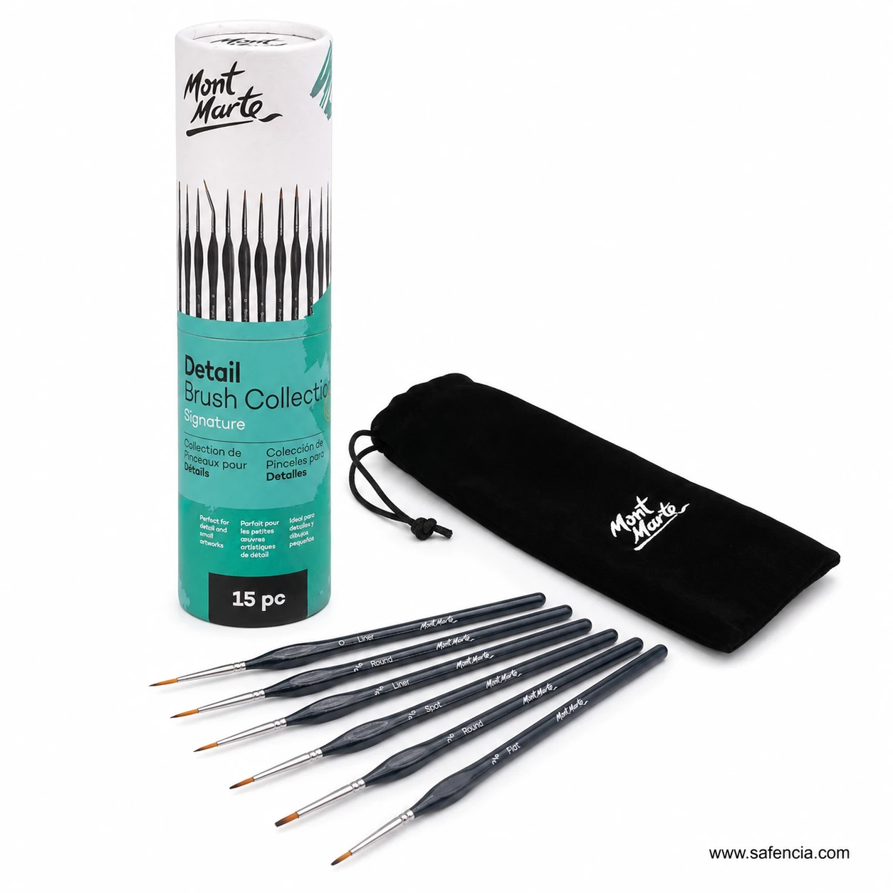 Mont Marte Detail Brush Collection brushes with handles named Liner, Round, Spot and Flat