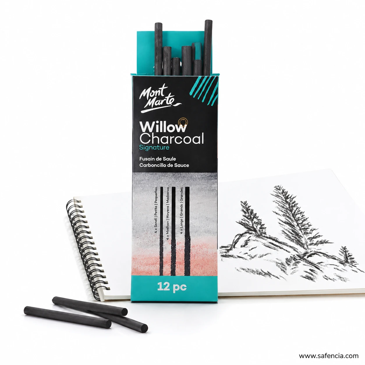 Mont Marte willow charcoal box opened with the sticks standing upright inside