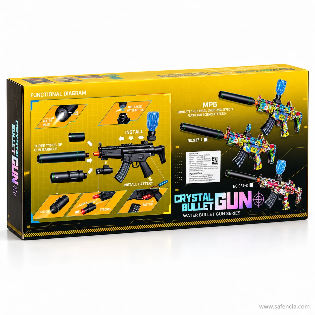 Back of the Crystal Bullet Gun box with a functional diagram of the MP5 gel blaster, its hopper, barrel styles and battery