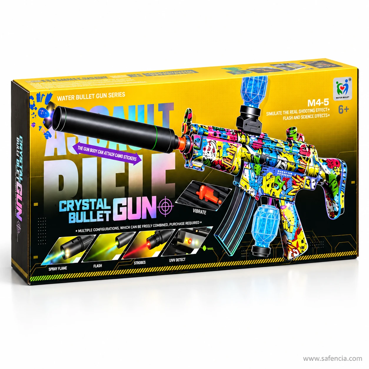Front of the yellow Crystal Bullet Gun box showing the graffiti MP5 gel blaster, the vibrate panel and the 6+ age mark