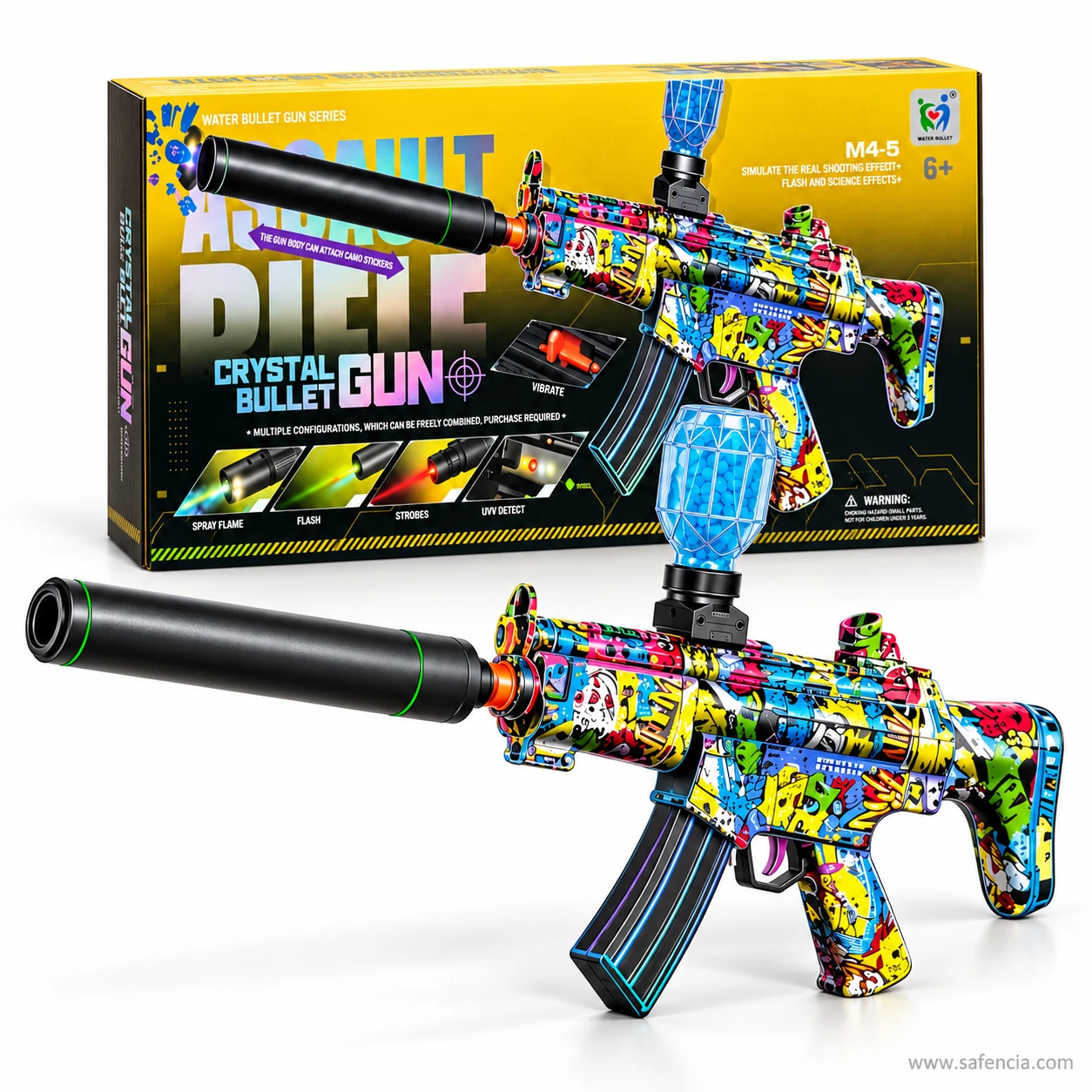 Graffiti MP5 gel blaster with long barrel extension lying in front of its yellow and black Crystal Bullet Gun box
