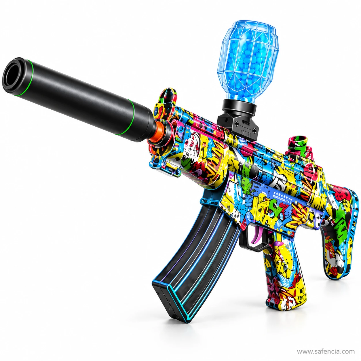 Graffiti MP5 water bead gun from the left side showing the curved magazine, short stock and blue hopper