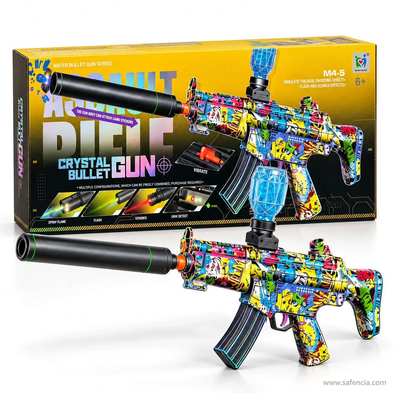 Graffiti MP5 gel blaster in front of its yellow Crystal Bullet Gun box from the Water Bullet Gun series