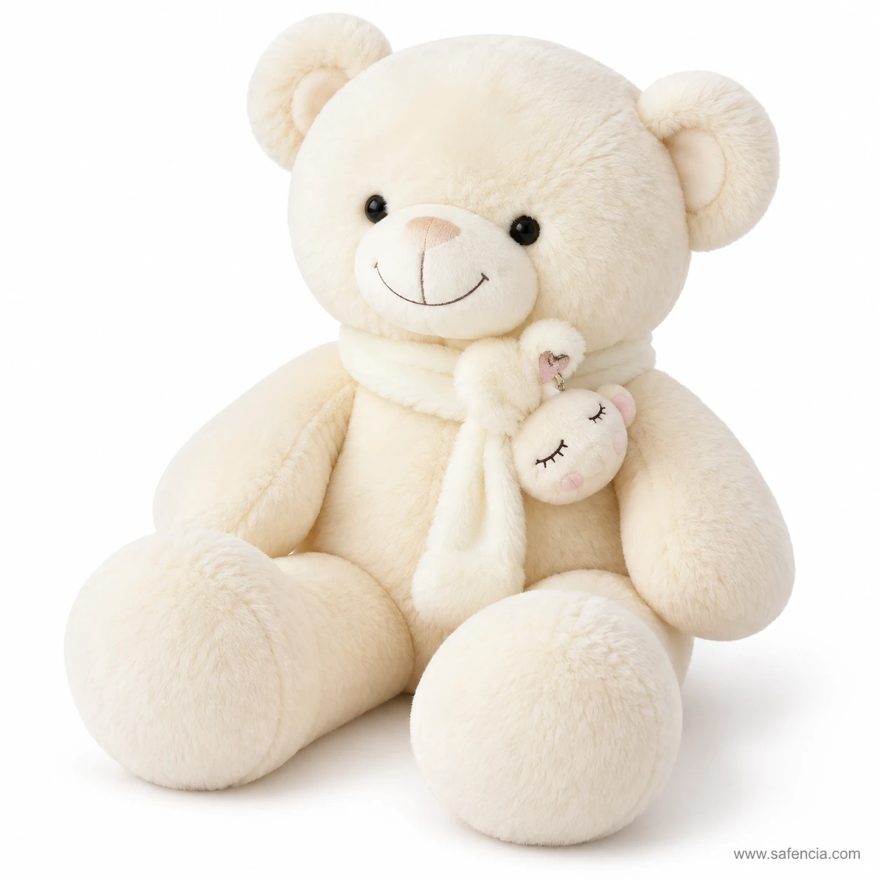 Cream muffler teddy bear seen from the side with its white scarf and sleepy bunny charm