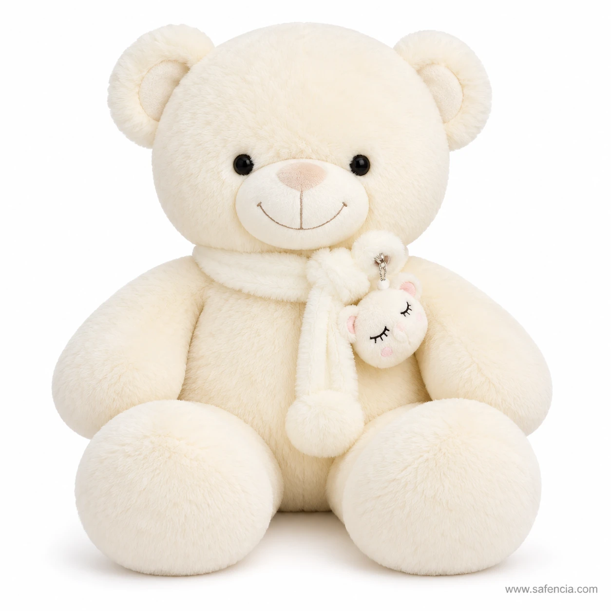 Cream muffler teddy bear 50 cm wearing a white scarf with pom-poms and a cream bunny charm
