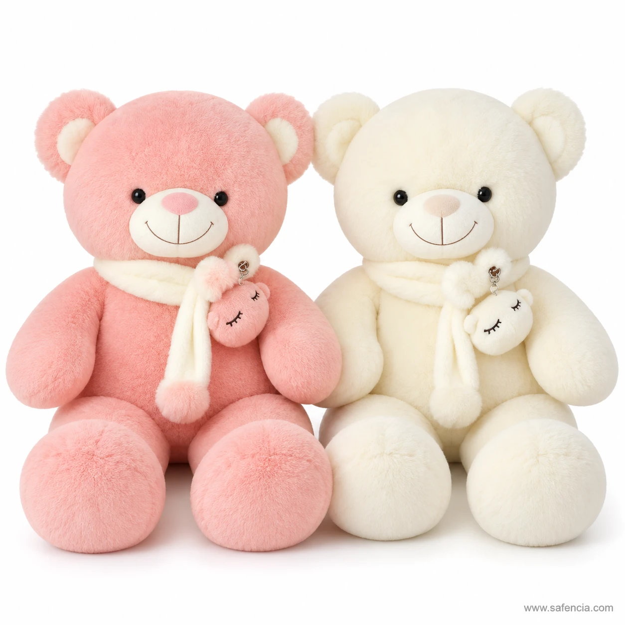 Pink and cream muffler teddy bears sitting side by side with matching white scarves
