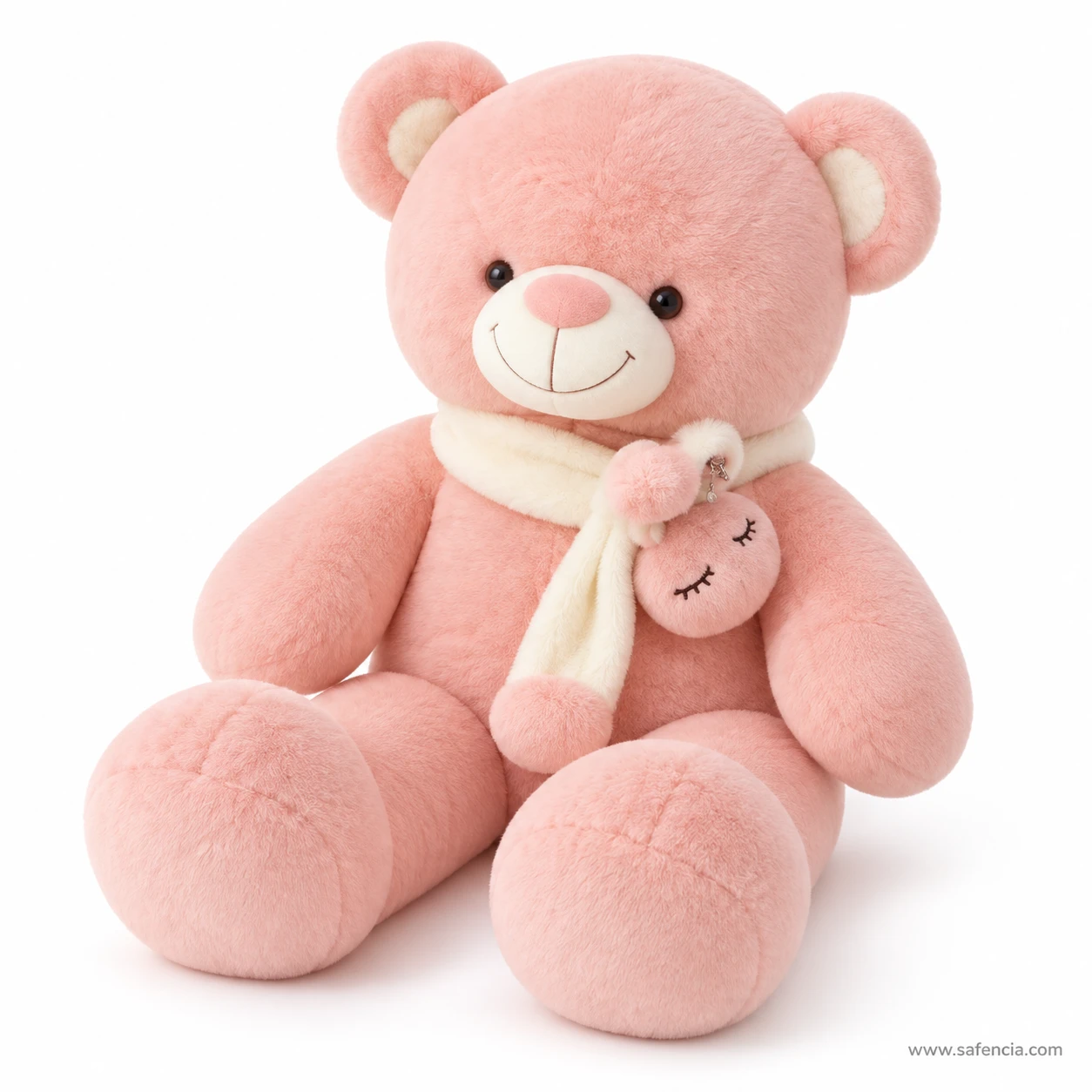Pink muffler teddy bear sitting at an angle, showing the scarf tails and pom-pom ends