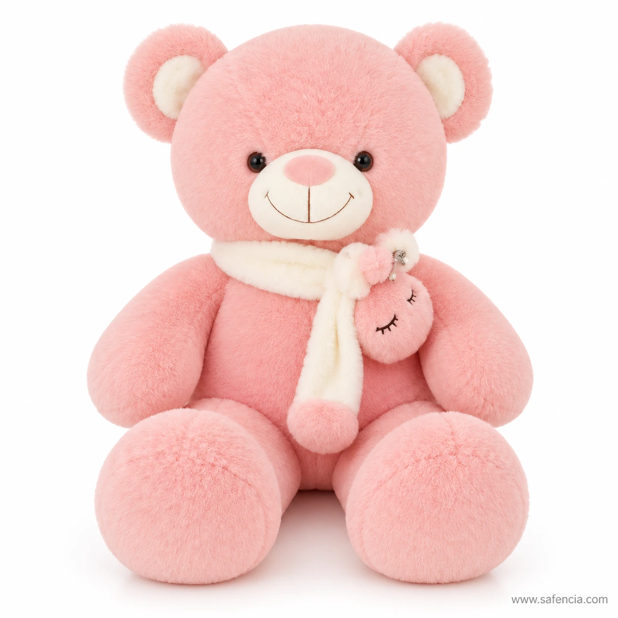 Pink muffler teddy bear 50 cm with a white plush scarf, pom-pom ends and a pink sleepy bunny charm