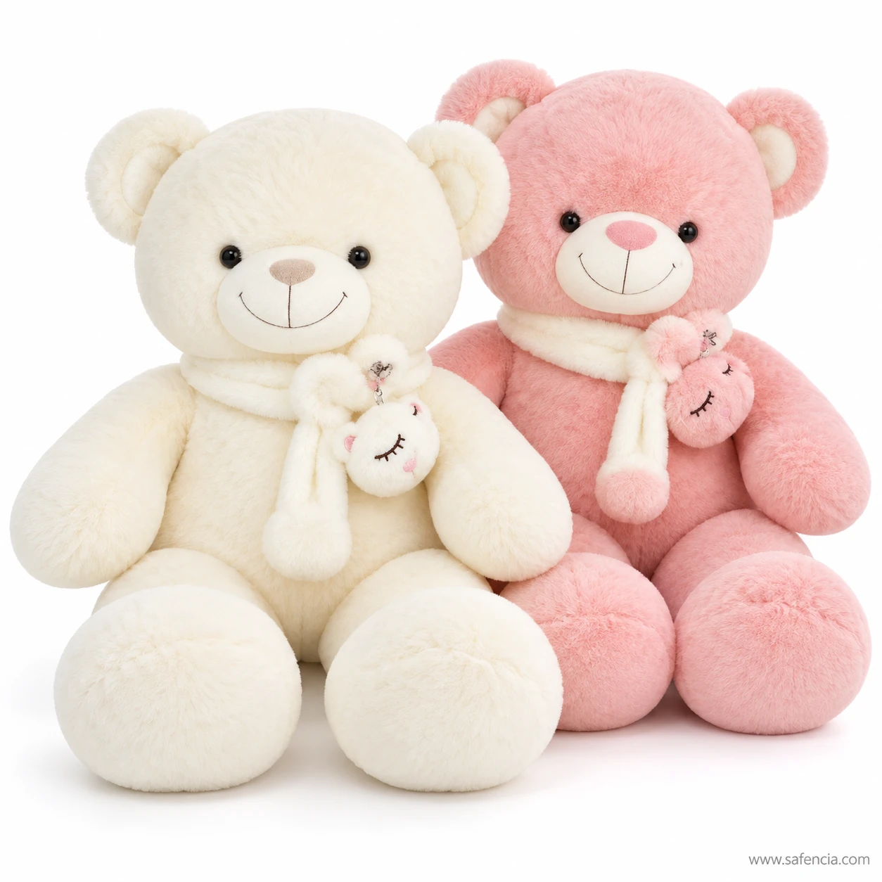 Cream and pink muffler teddy bears close together, showing the white scarves and bunny charms