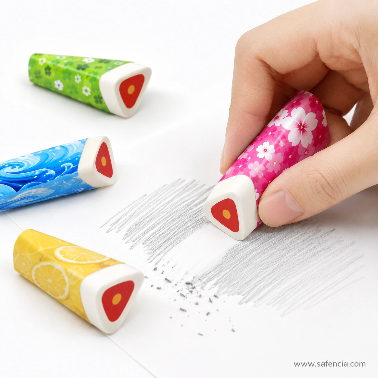 Hand gripping the printed sleeve of a blossom triangle eraser while its white corner lifts heavy pencil shading from paper
