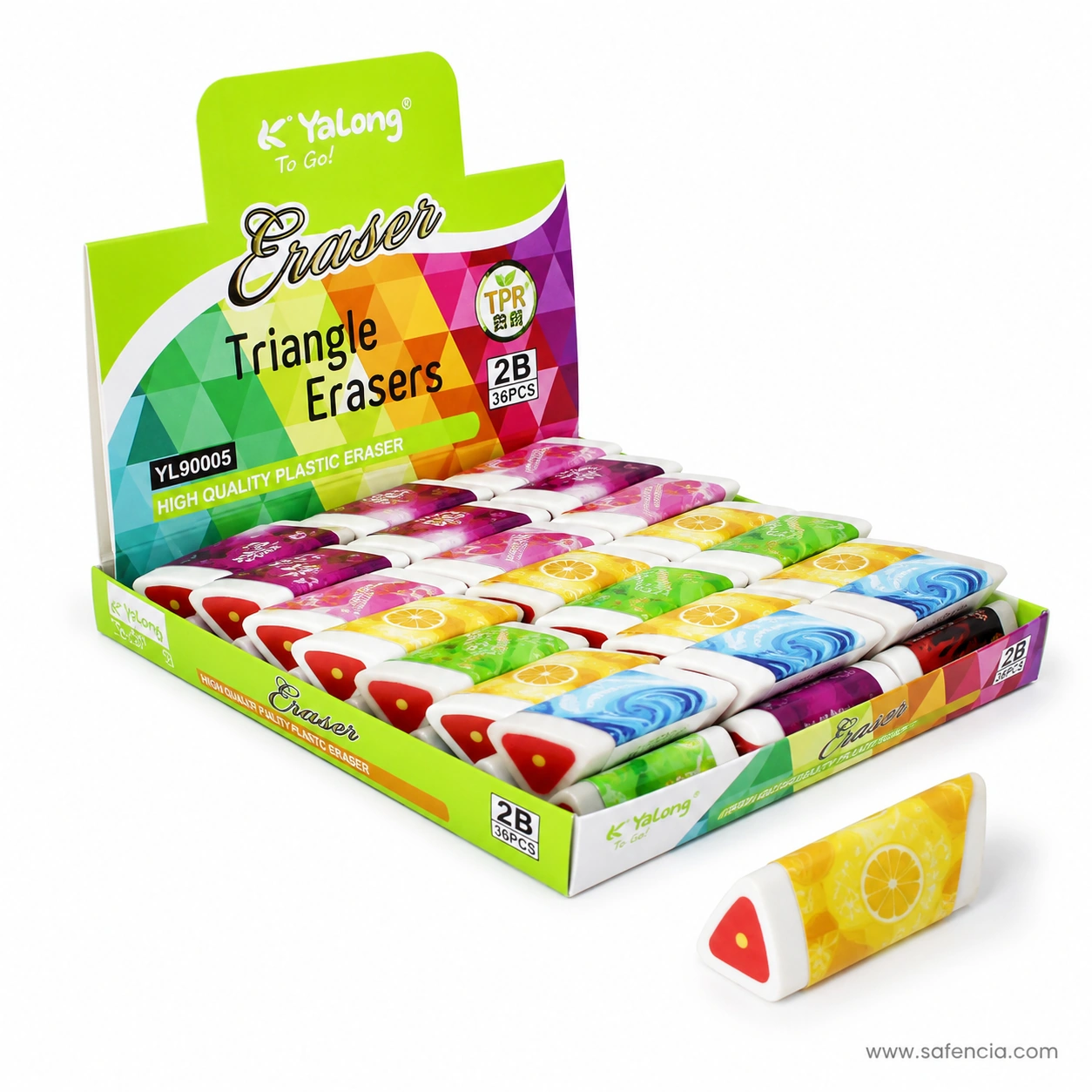 Yalong counter display box of triangle erasers marked 2B and 36 pieces, with a single lemon-print eraser resting in front