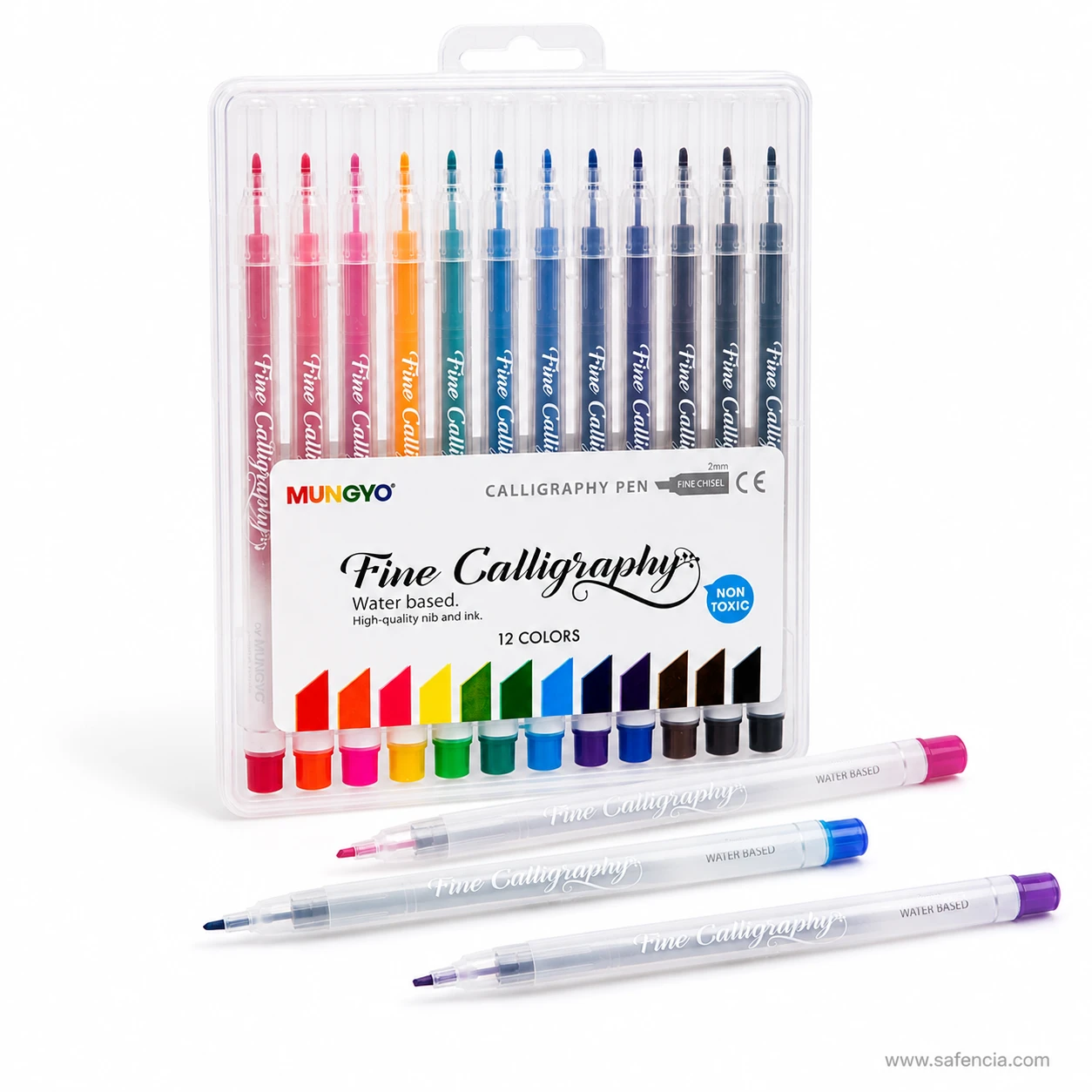 Three Mungyo calligraphy pens showing frosted barrels and colour-matched caps