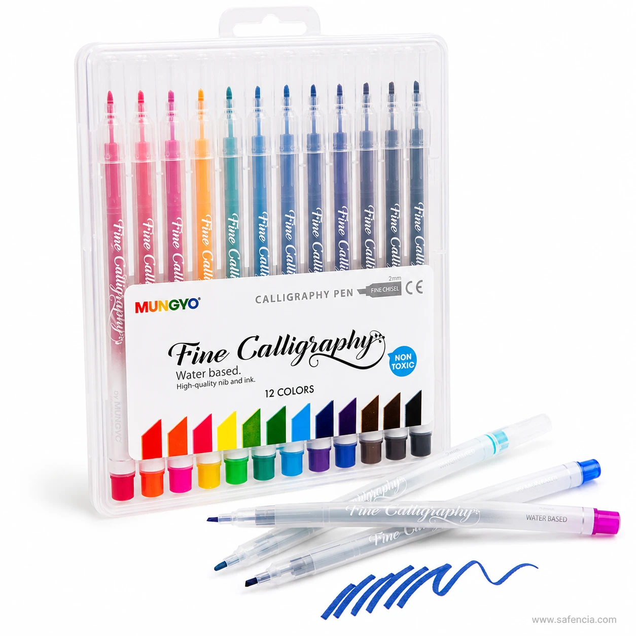 Mungyo calligraphy pens laid in front of the wallet beside written blue strokes