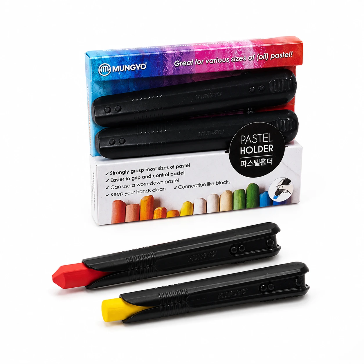 Two Mungyo pastel holders gripping a red and a yellow pastel stub