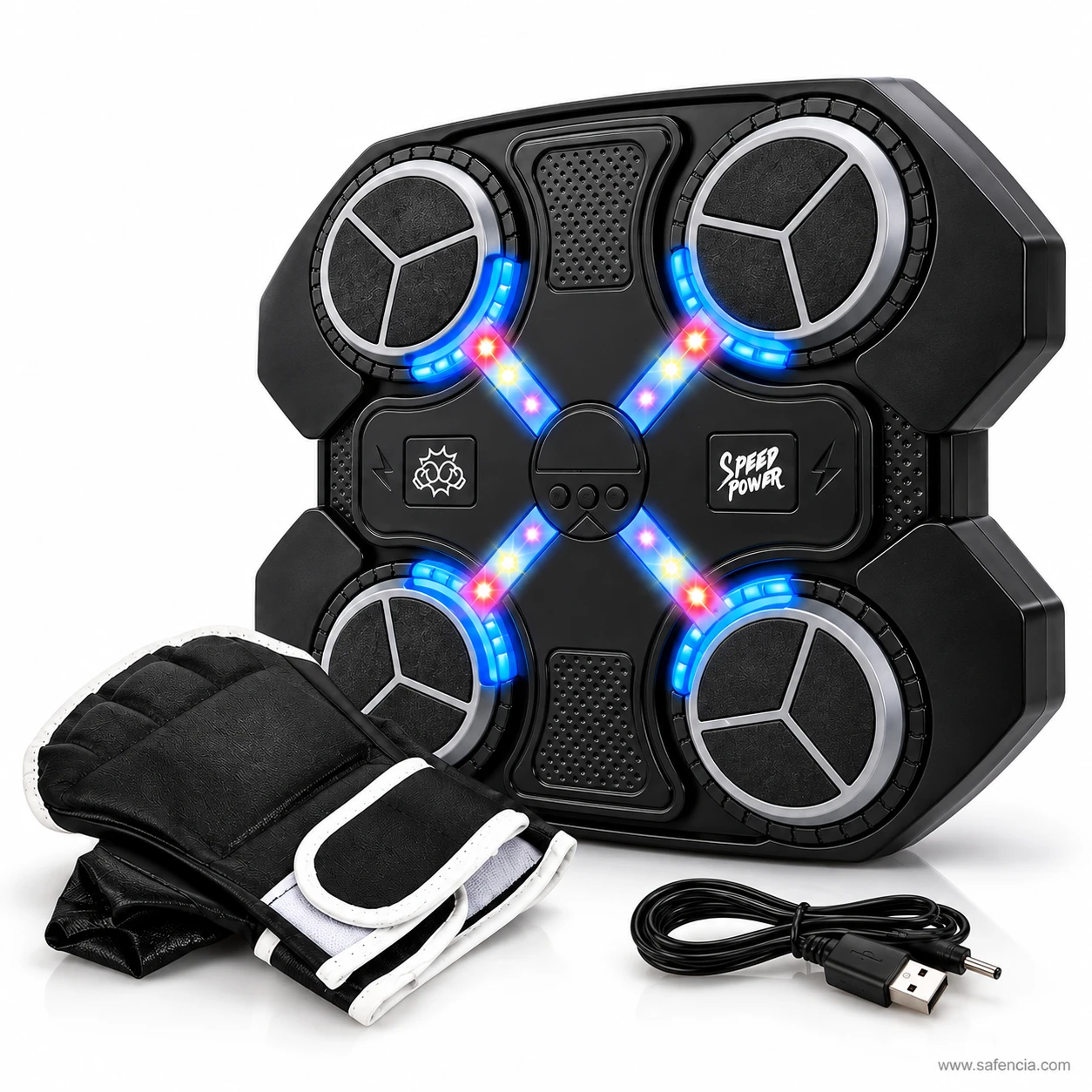 Black kids boxing gloves with white trim and wrist straps beside the music boxing pad