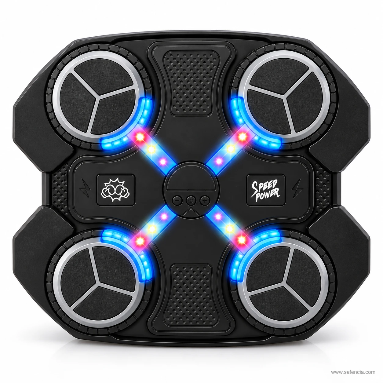 Front of the music boxing machine showing four round strike pads with blue LED rings