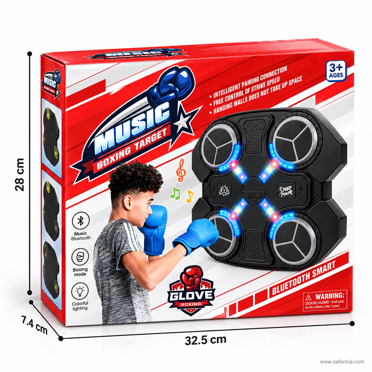 Music Boxing Target box marked 3+ and Bluetooth smart, measuring 32.5 x 28 x 7.4 cm