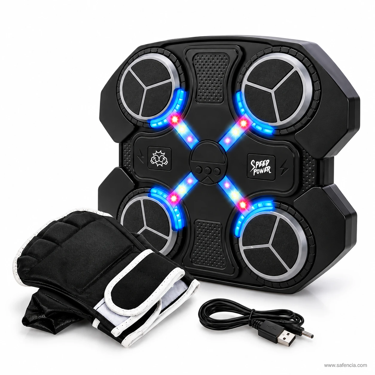 Angled view of the smart music boxing machine with kids boxing gloves and USB cable in front