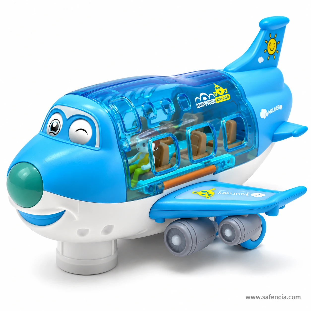 Musical aeroplane toy side view with brown seats and passengers visible in the clear cabin