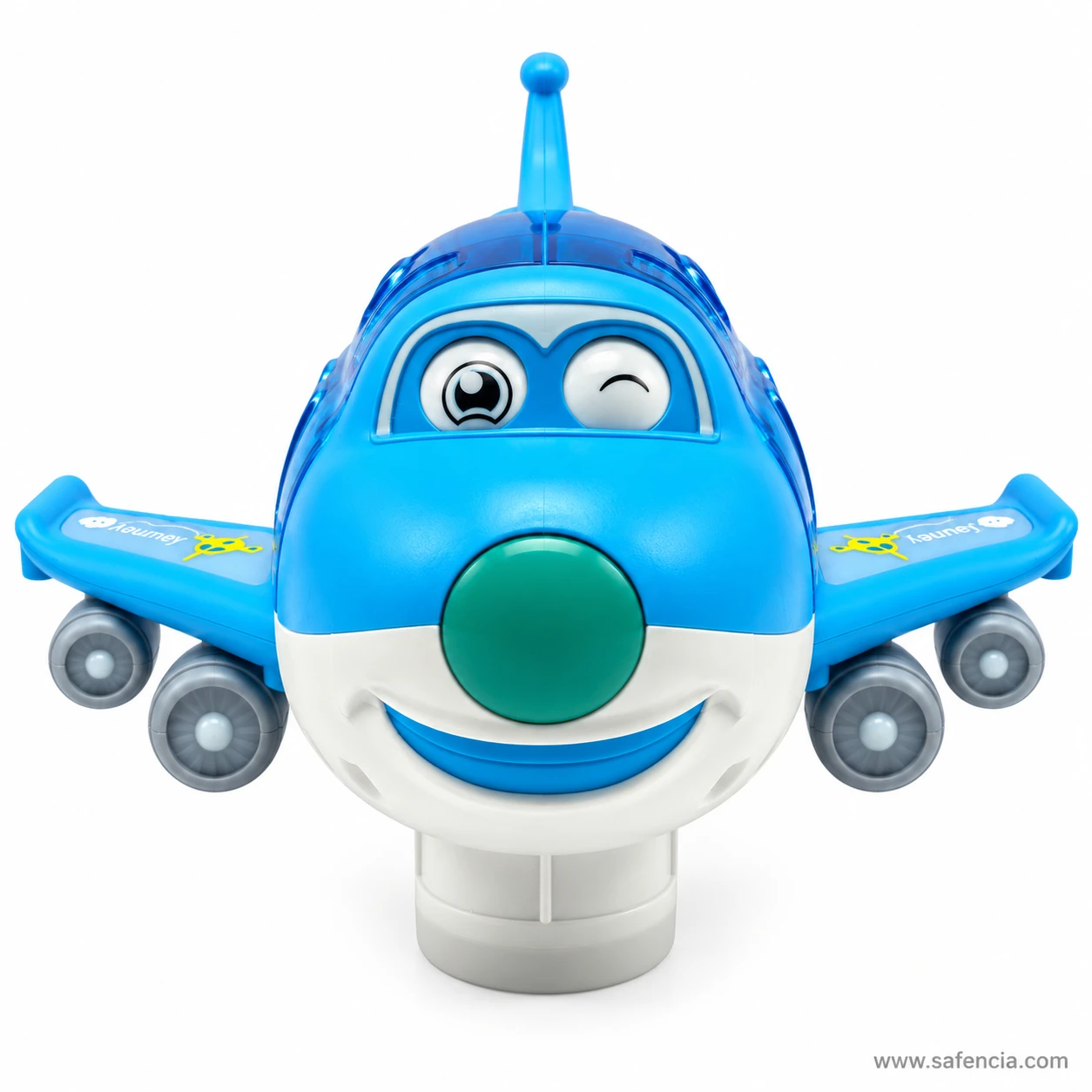 Front view of the musical aeroplane toy with winking face, teal nose and jet engines