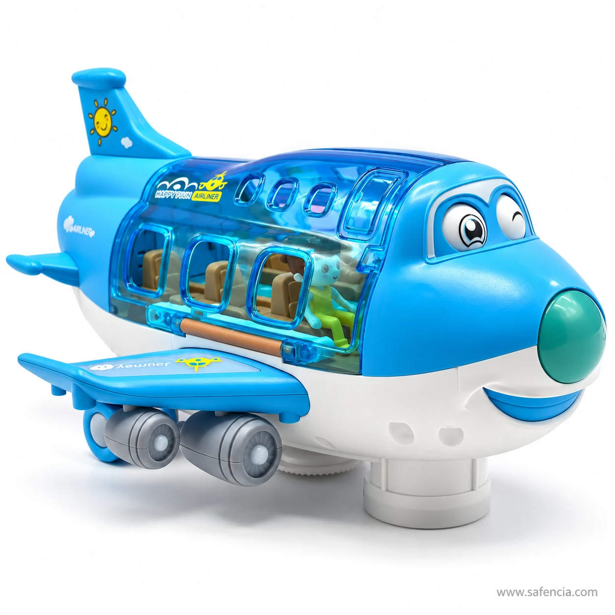Musical aeroplane toy showing the sun painted tail fin and clear passenger cabin