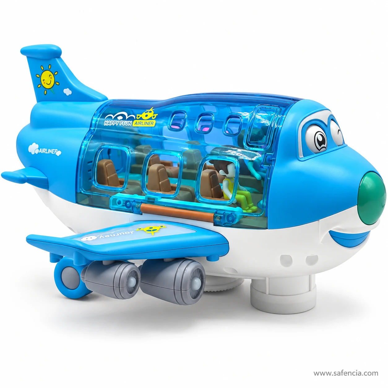 Musical aeroplane toy three-quarter view showing wheels, jet engines and white base