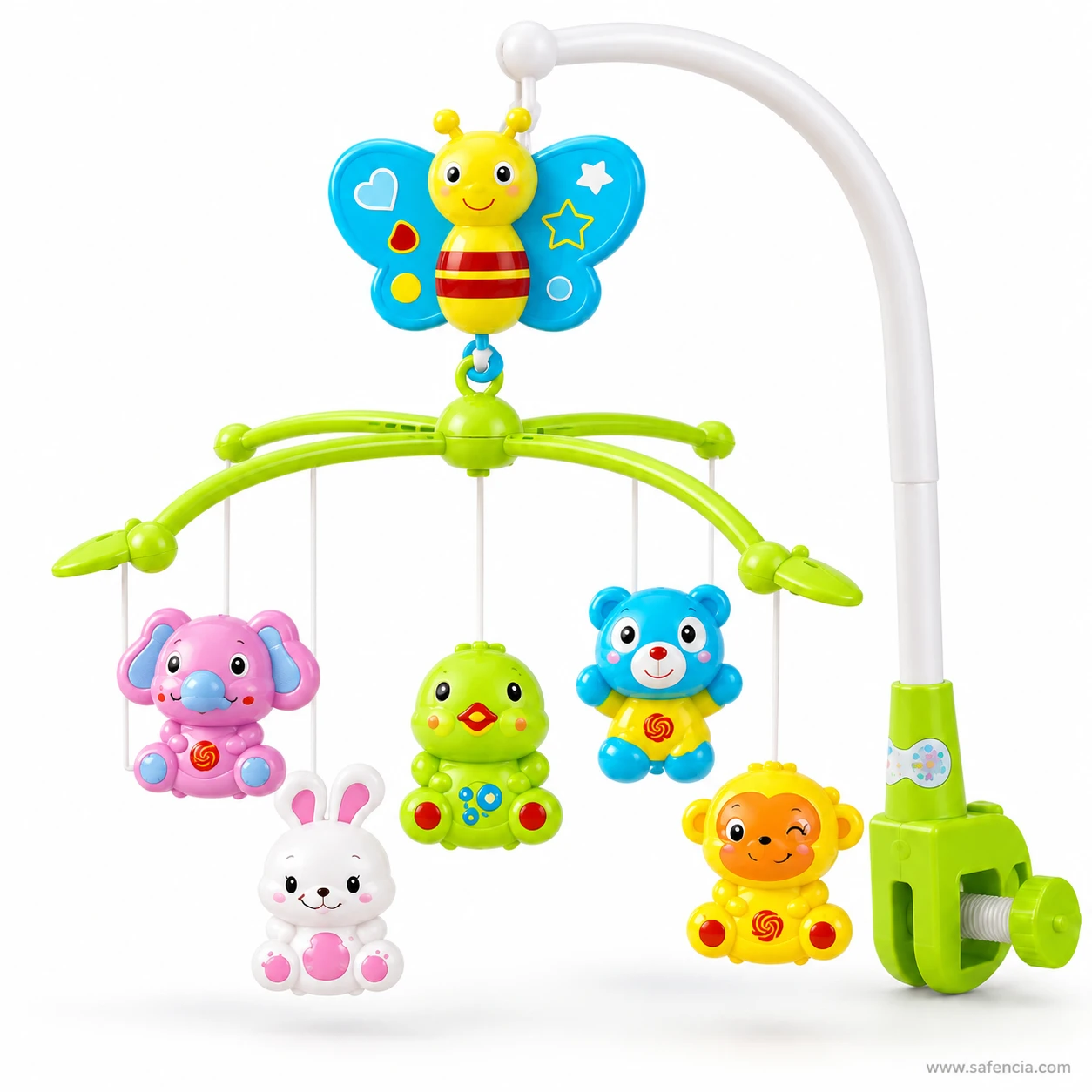 Side view of the cot mobile showing the white curved arm and the green clamp that grips the cot