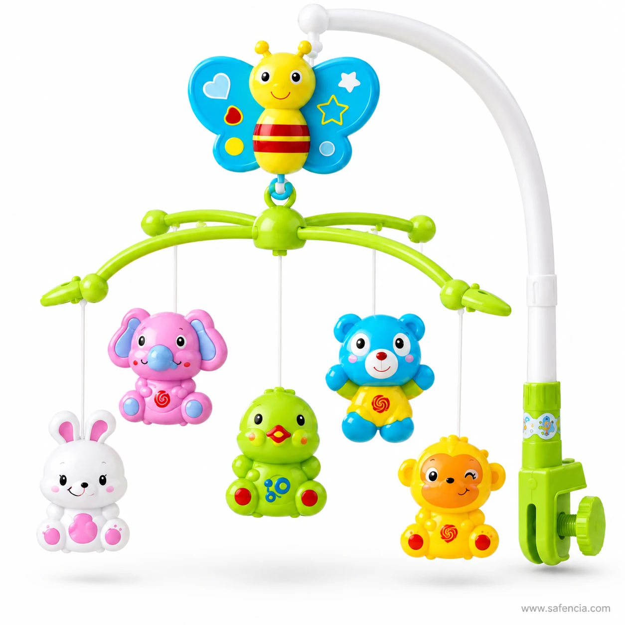 The five hanging rattles on the cot mobile: elephant, rabbit, duck, bear and monkey figures