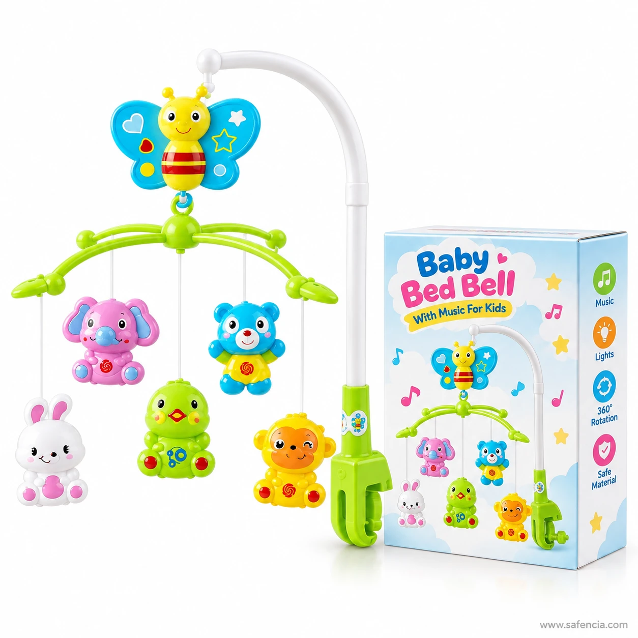 The cot mobile standing beside its retail box, which is printed Baby Bed Bell with music for kids