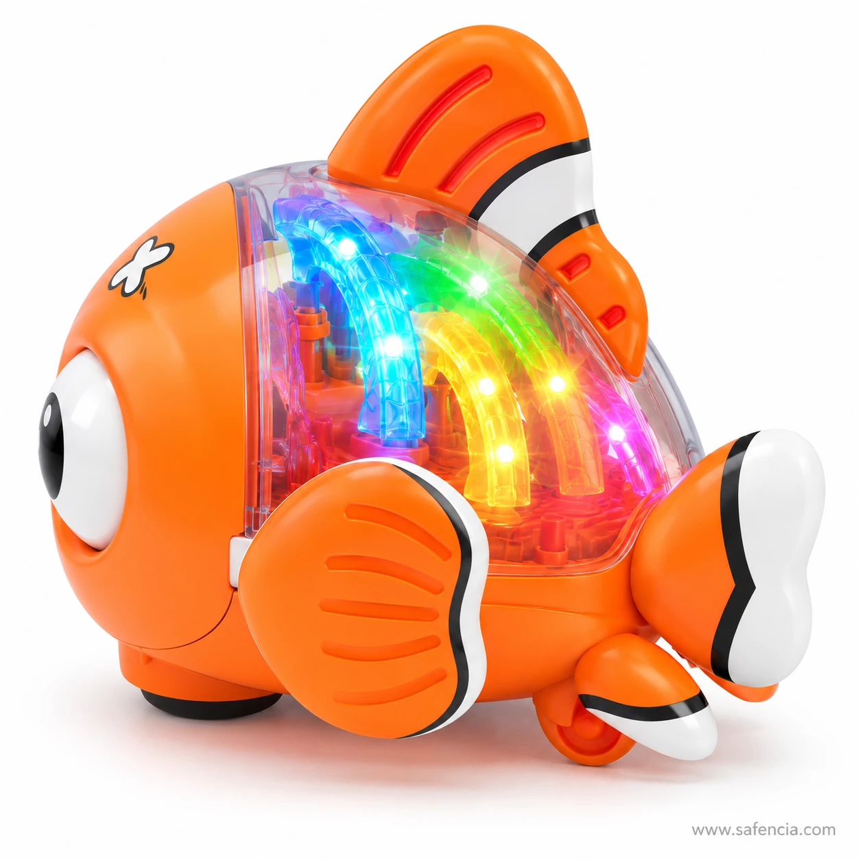 Musical clownfish toy side view with rainbow lights glowing through the transparent gear body