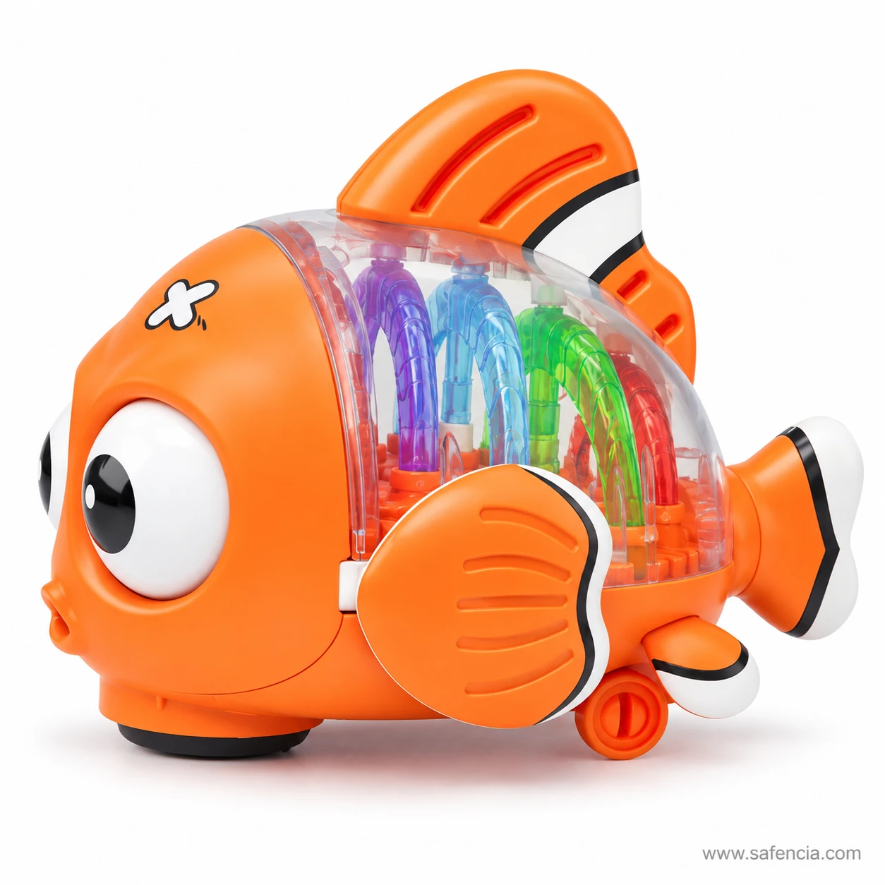 Side profile of the musical clownfish toy showing the see-through gears and a wheel underneath