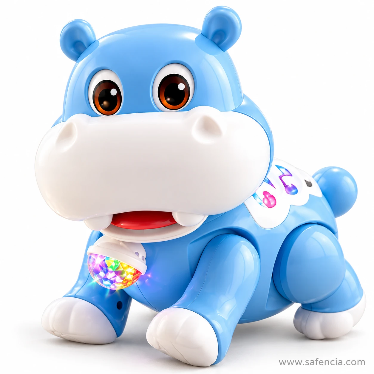 Close angle of the blue musical hippo toy showing the glowing light orb in its chest