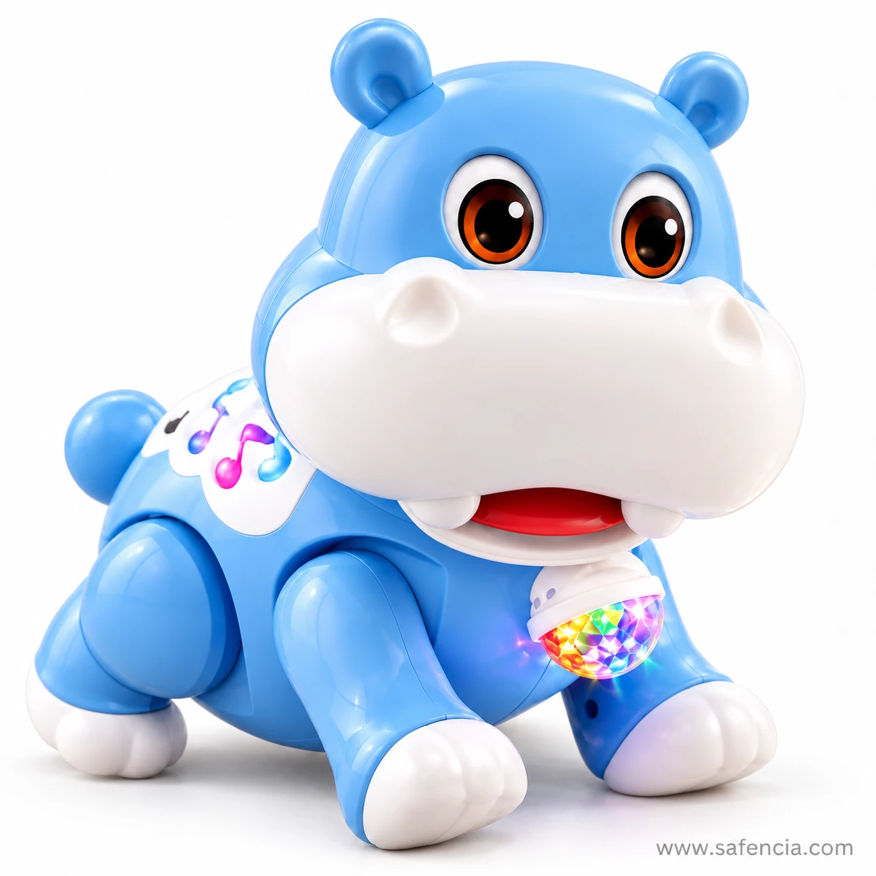 Side angle of the glossy blue musical hippo walking toy with music note badge on its back