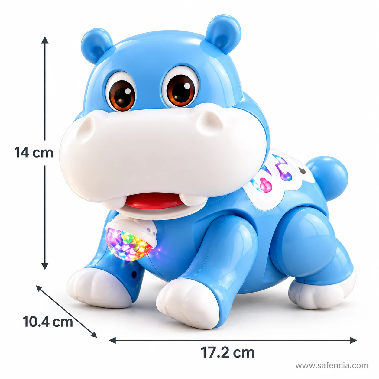 Musical hippo toy size guide showing 17.2 cm length, 14 cm height and 10.4 cm width