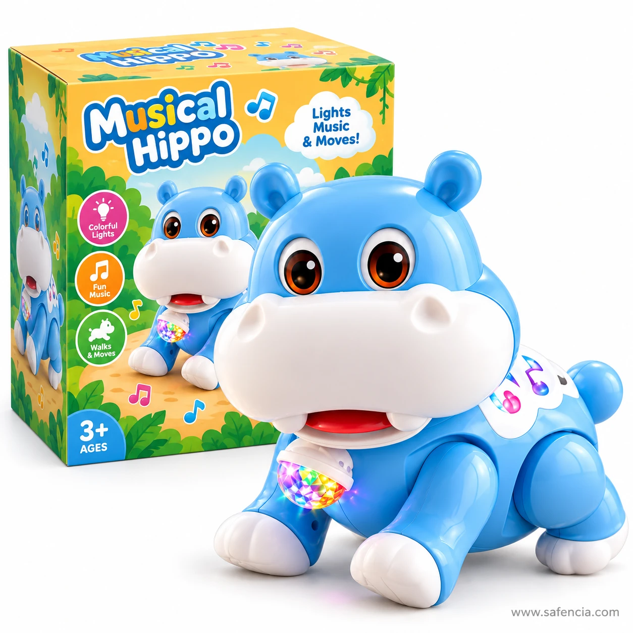 Musical hippo walking toy in front of its Musical Hippo box marked lights music and moves 3 plus
