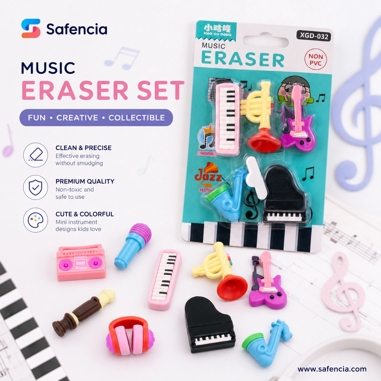 Music eraser set display graphic showing the XGD-032 card and instrument pieces laid over sheet music and piano keys