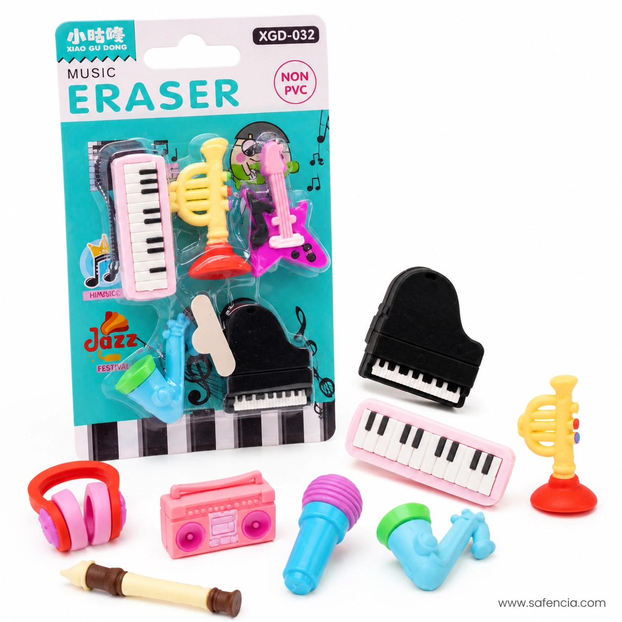 Music eraser card beside the wider series pieces — headphones, boombox, microphone, recorder, keyboard and grand piano erasers