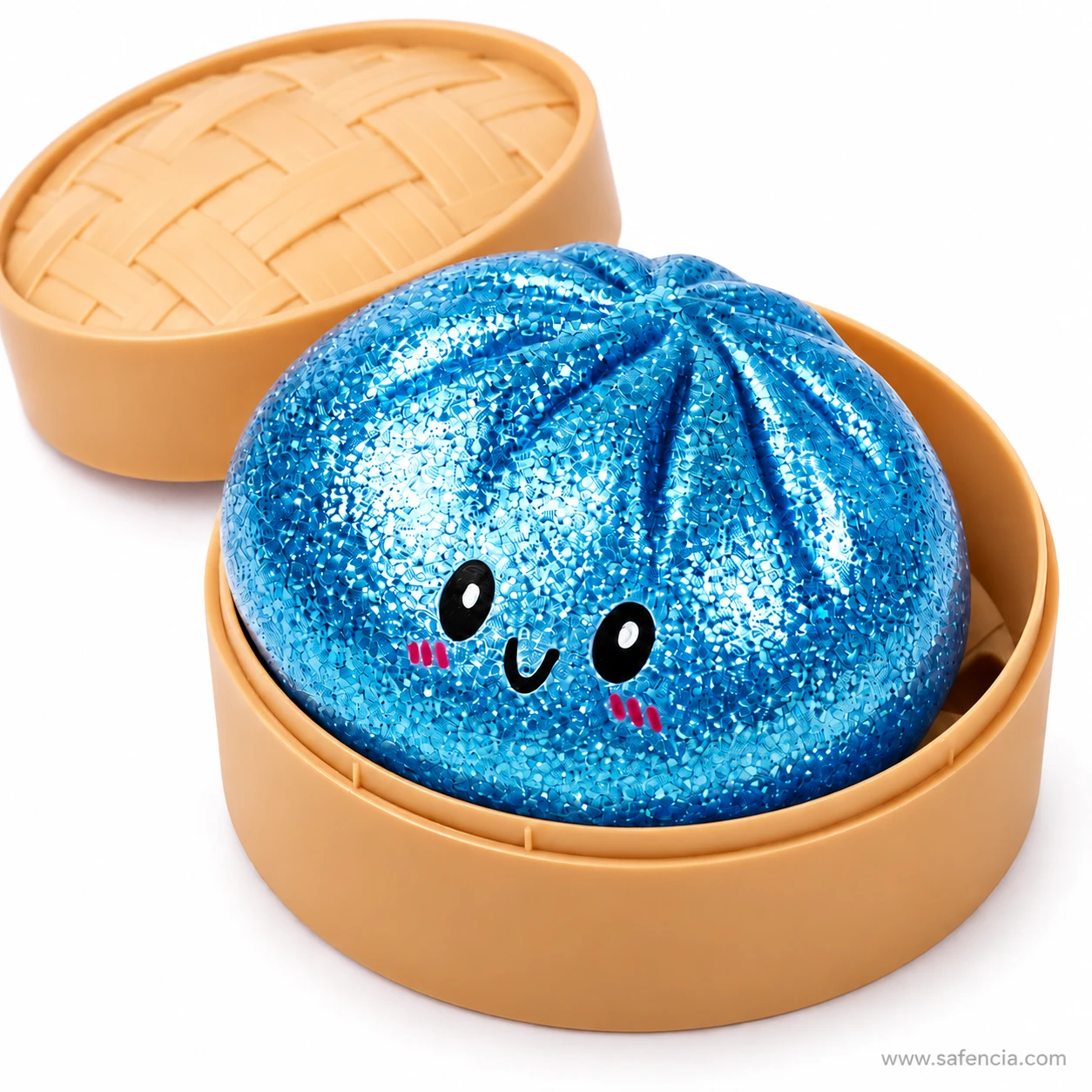Deep blue fine glitter dumpling squishy with a smiling kawaii face in a bamboo-style steamer