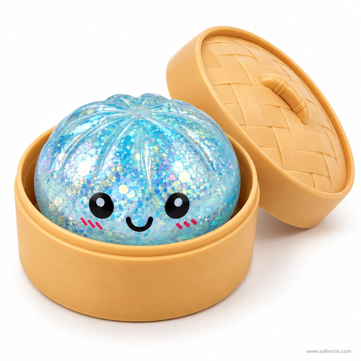 Clear blue glitter dumpling squishy with sequin flakes and a kawaii face sitting in a bamboo-style steamer
